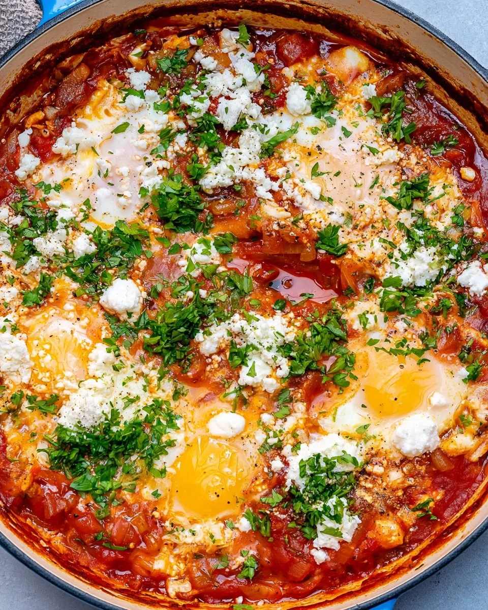 Delicious easy Shakshuka with poached eggs in a spiced tomato sauce.
