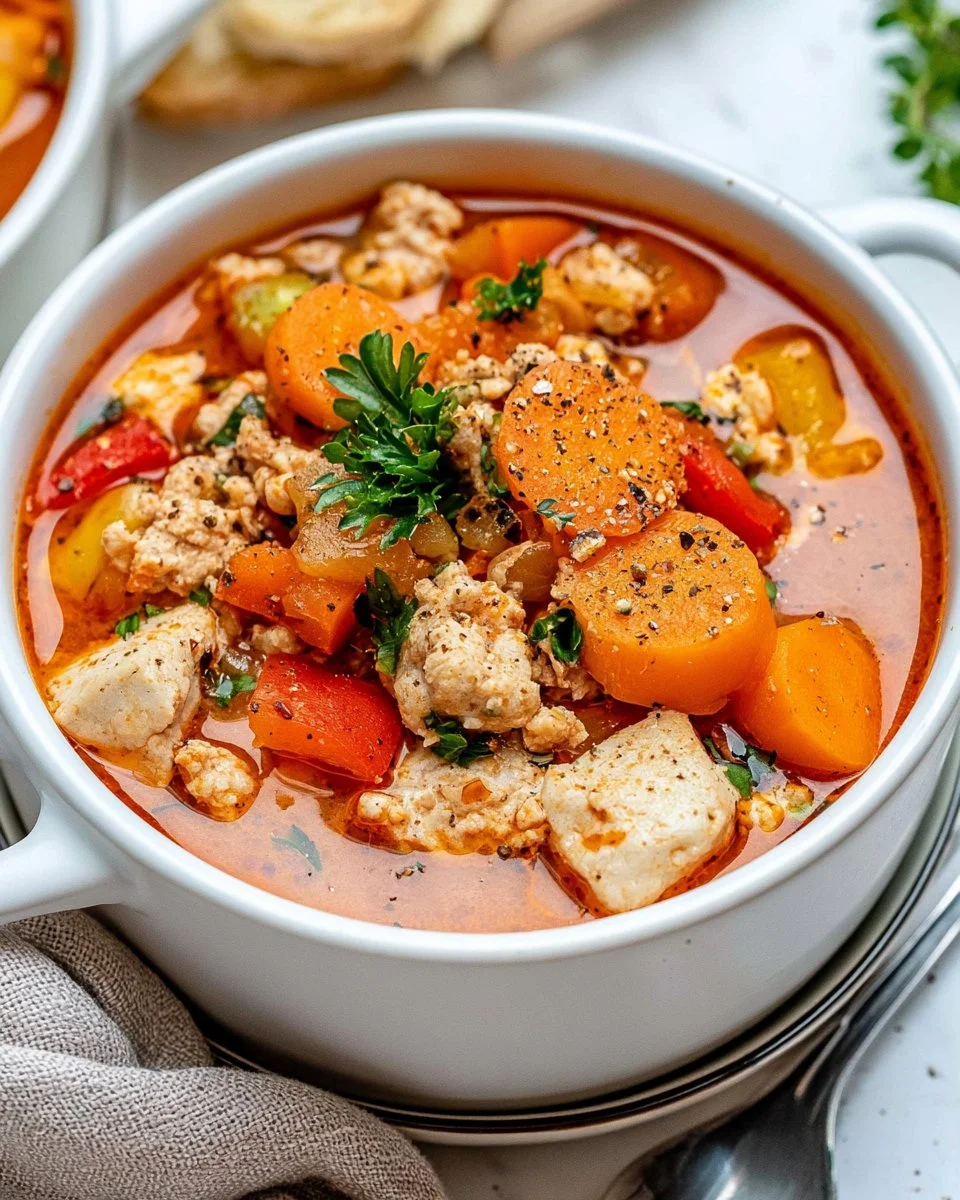 Bowl of easy Turkey Burger Soup with vegetables and spices