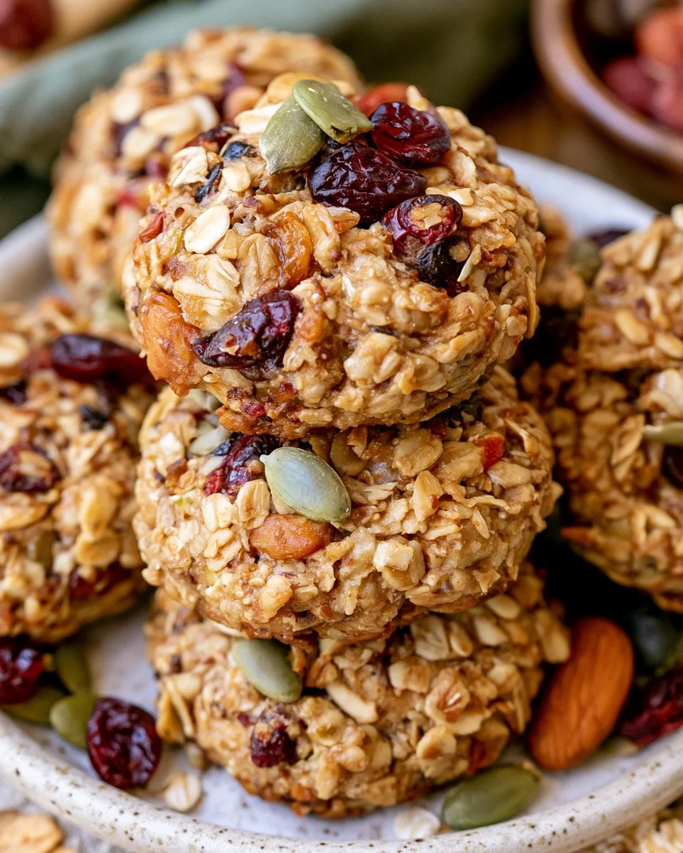 Plate of energy-packed breakfast oat cookies with nuts and dried fruits