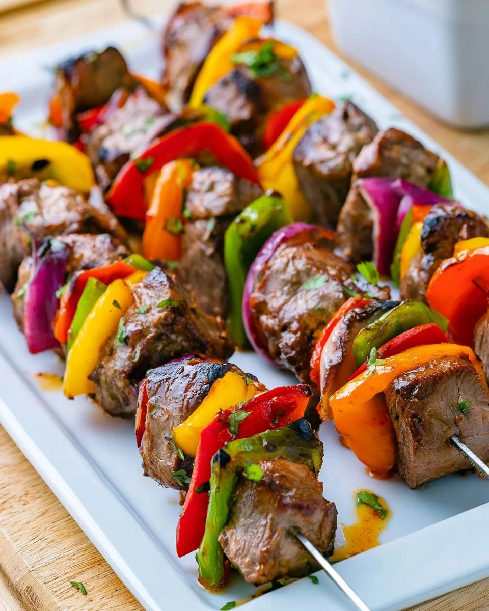 Delicious fajita steak skewers grilled and seasoned with peppers and spices