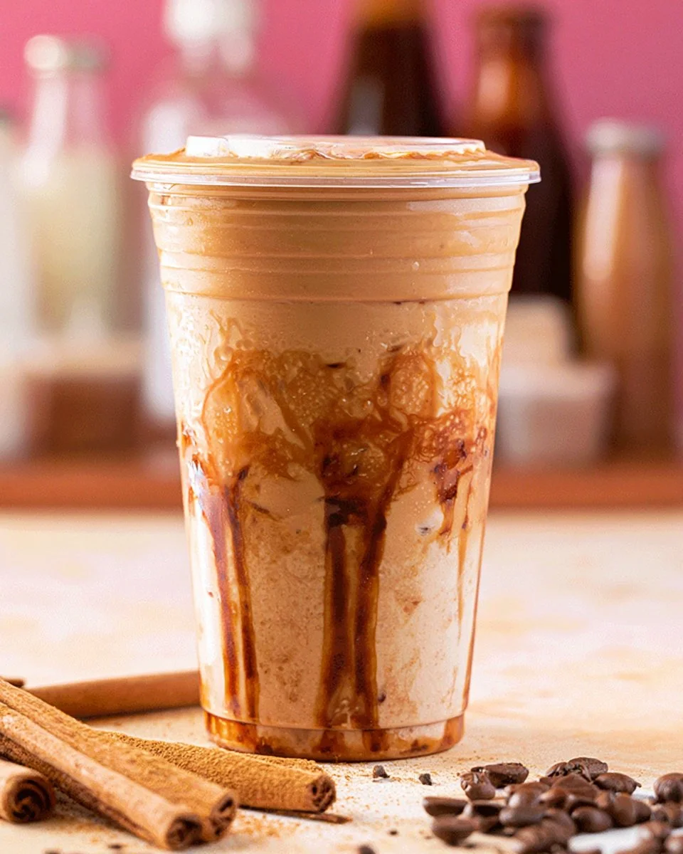 Delicious French Toast Iced Latte served with toppings and a sprinkle of cinnamon