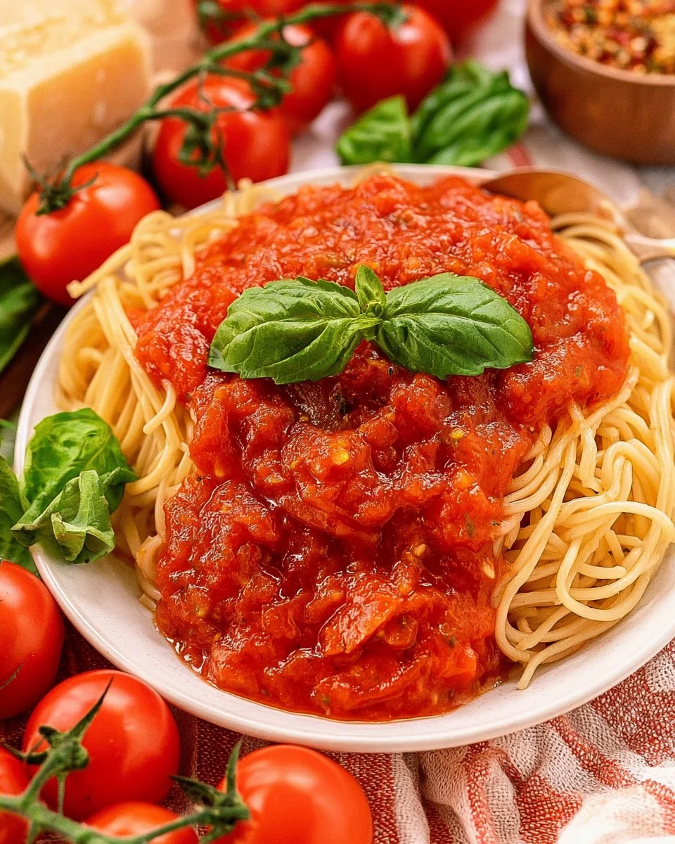 Freshly made tomato sauce in a bowl with ripe tomatoes