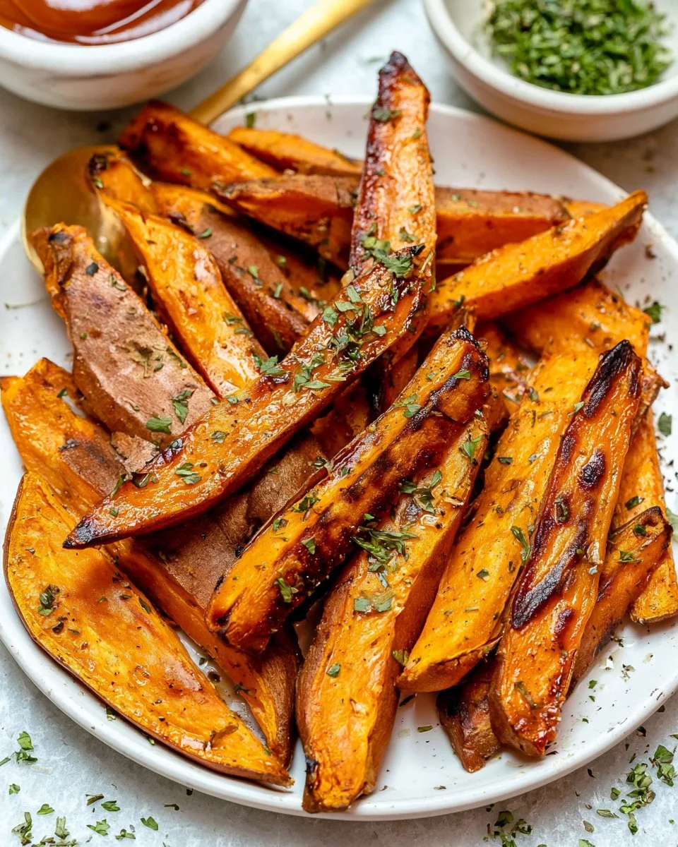 Garlic herb baked sweet potatoes served on a plate