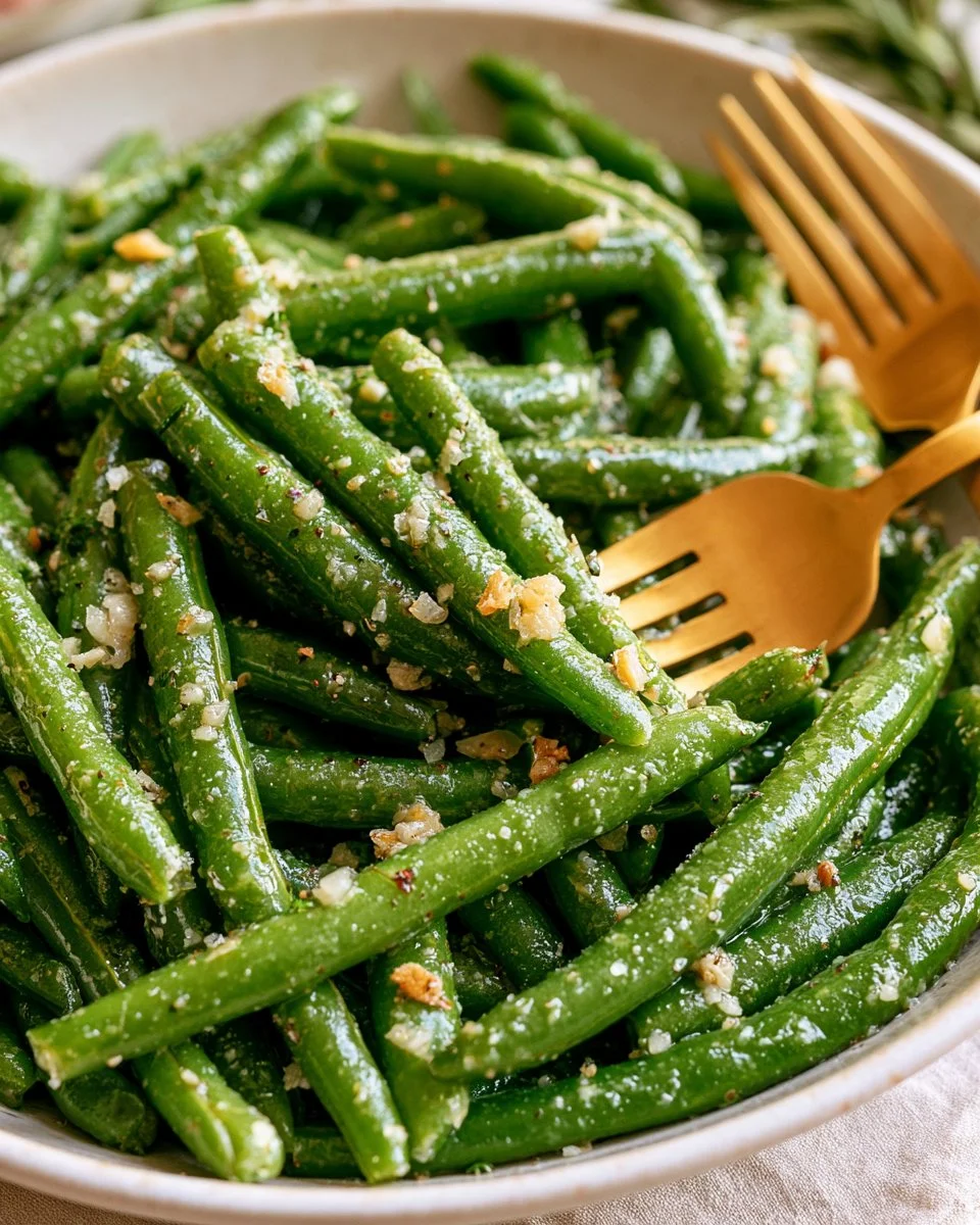 A plate of Garlic Parmesan Green Beans garnished with cheese and herbs