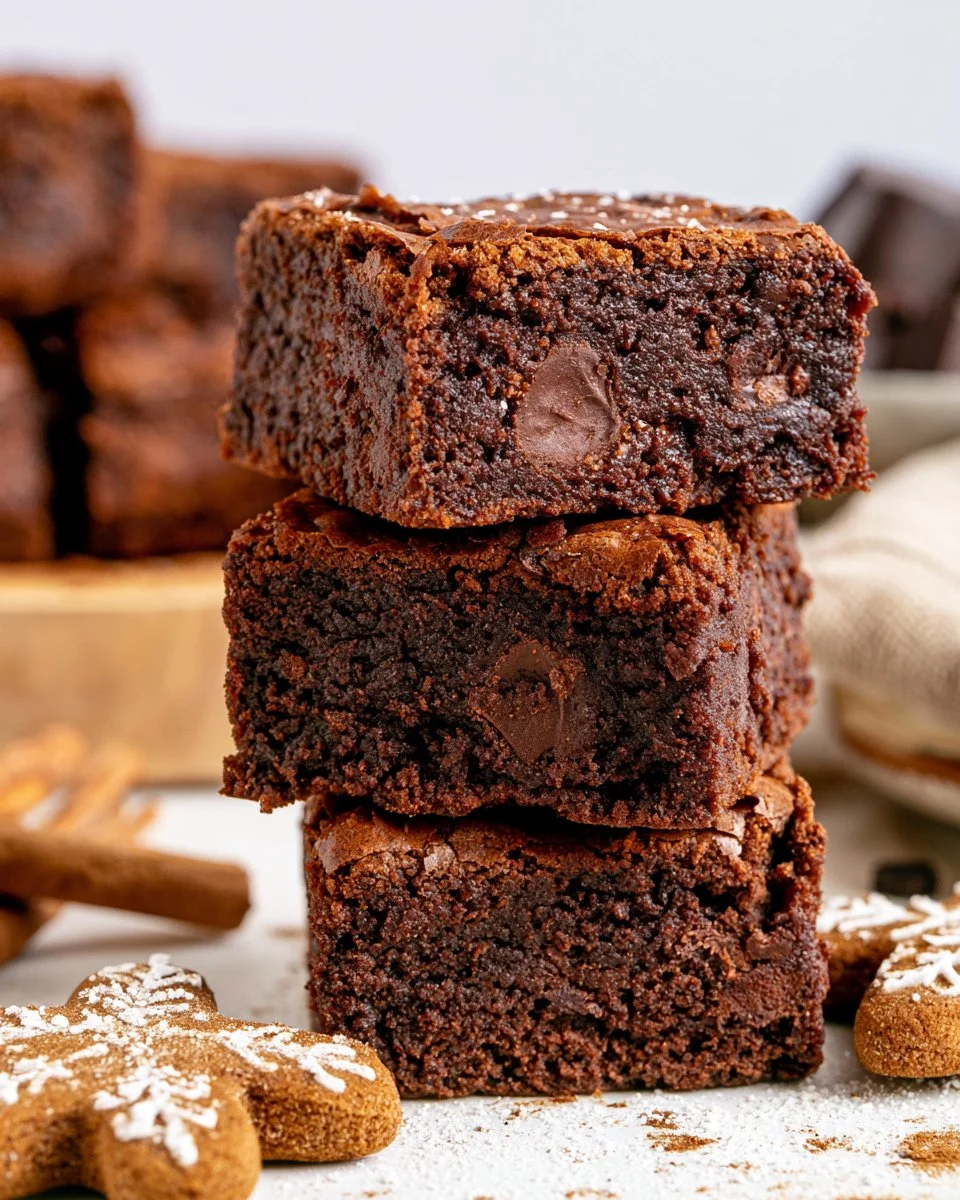 Fudgy gingerbread brownies topped with chocolate and festive decorations