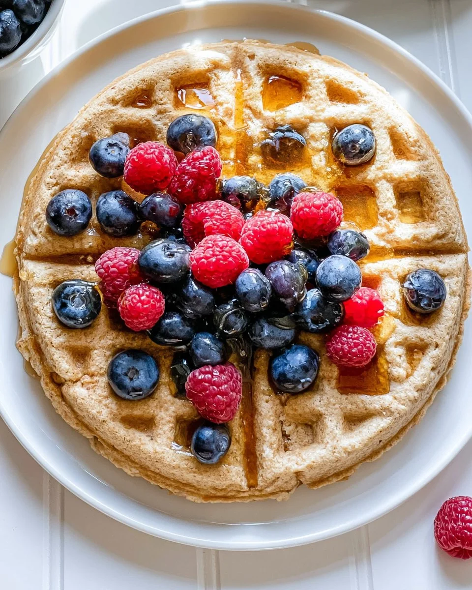 Delicious homemade oatmeal waffles served with fresh fruit and syrup