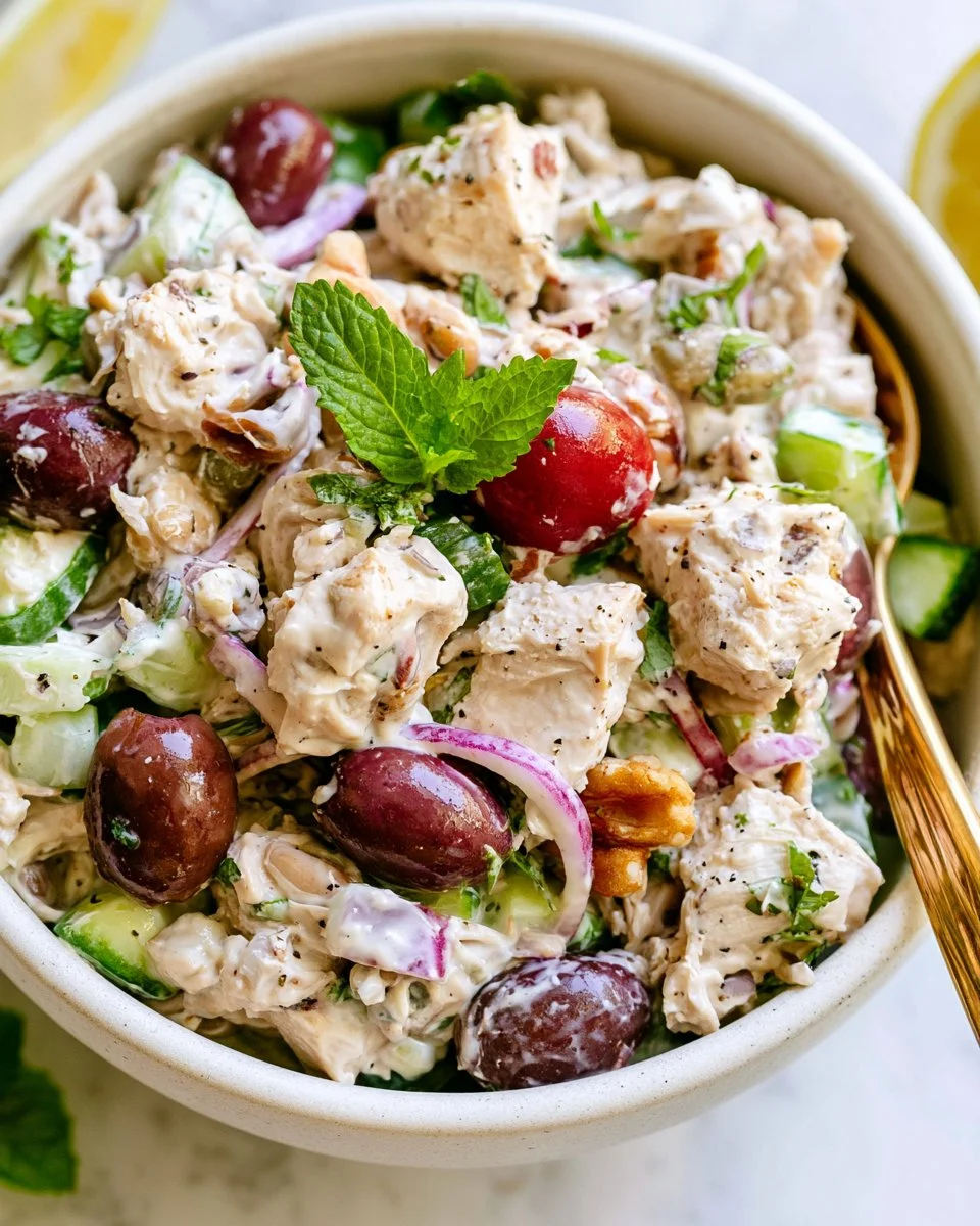 Greek Yogurt Chicken Salad in a bowl with fresh vegetables