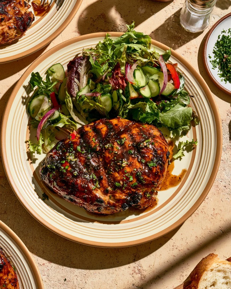 Juicy grilled balsamic chicken garnished with herbs on a plate.