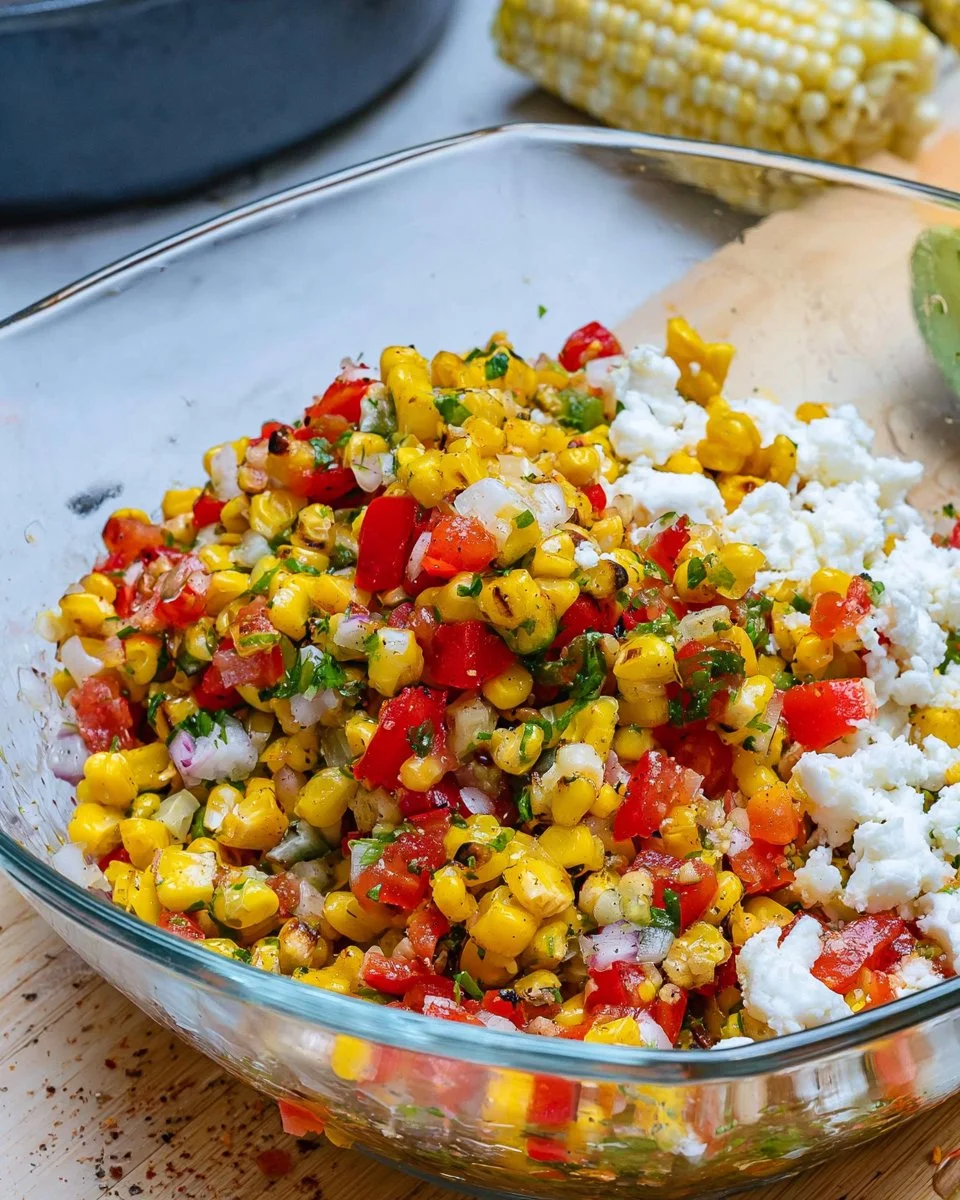 Bowl of grilled sweetcorn salsa with fresh vegetables and herbs