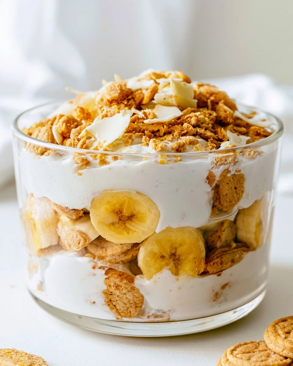 Healthy banana pudding dessert topped with fresh bananas and whipped cream.