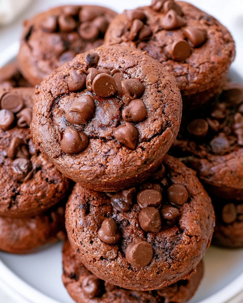 Healthy chocolate muffins that taste like brownies on a rustic table.