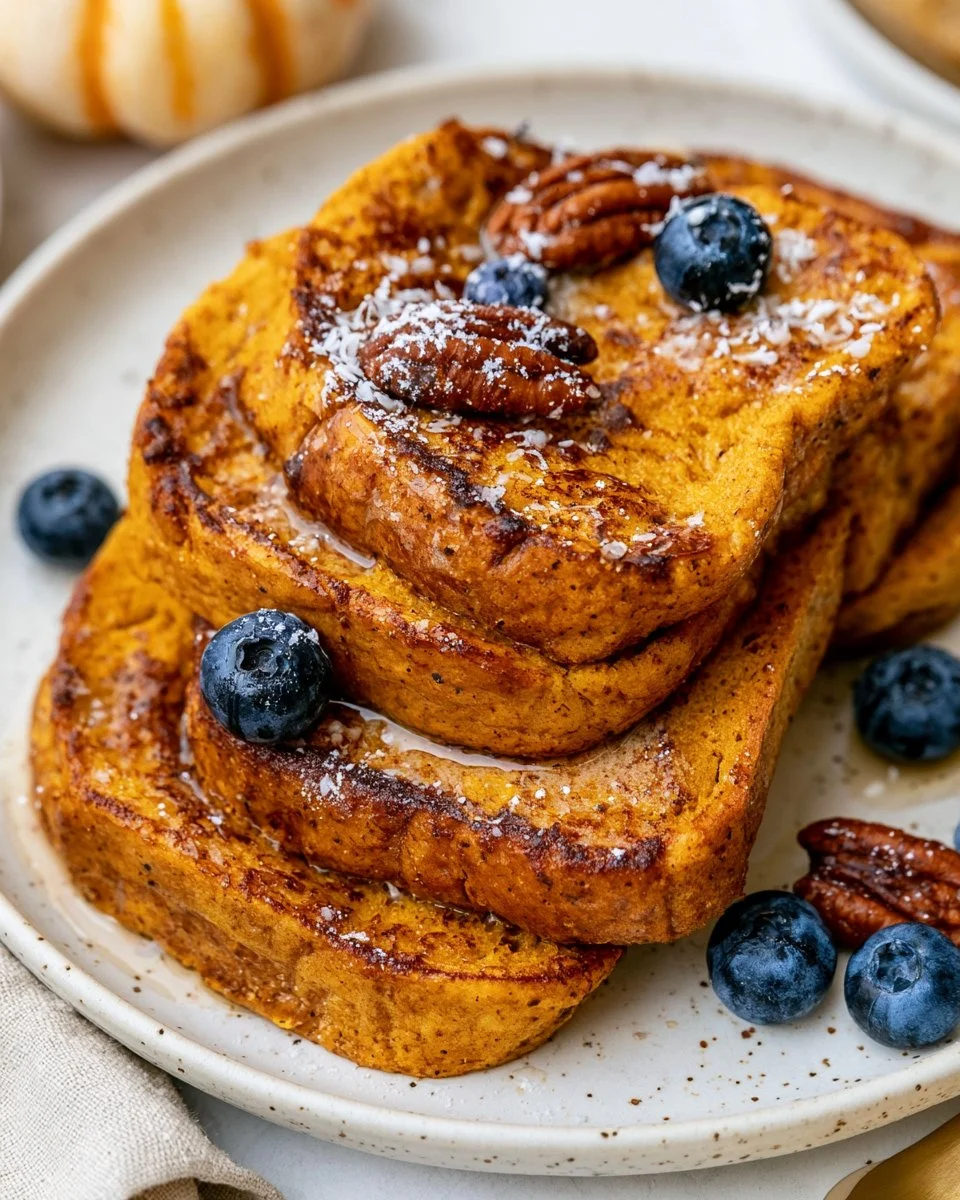 Healthy Pumpkin French Toast made with Ezekiel bread on a plate