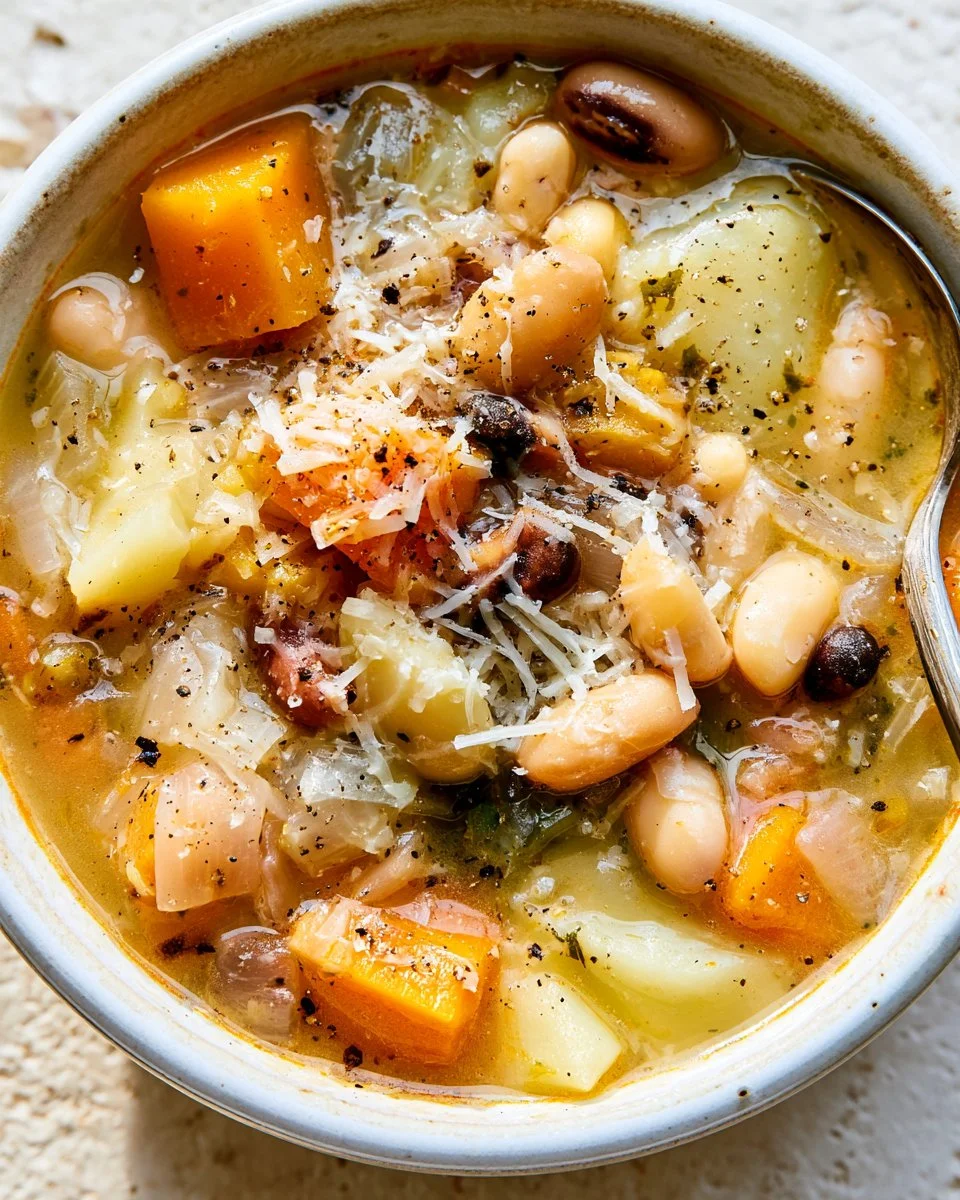 Bowl of hearty 3 bean soup with vegetables and herbs
