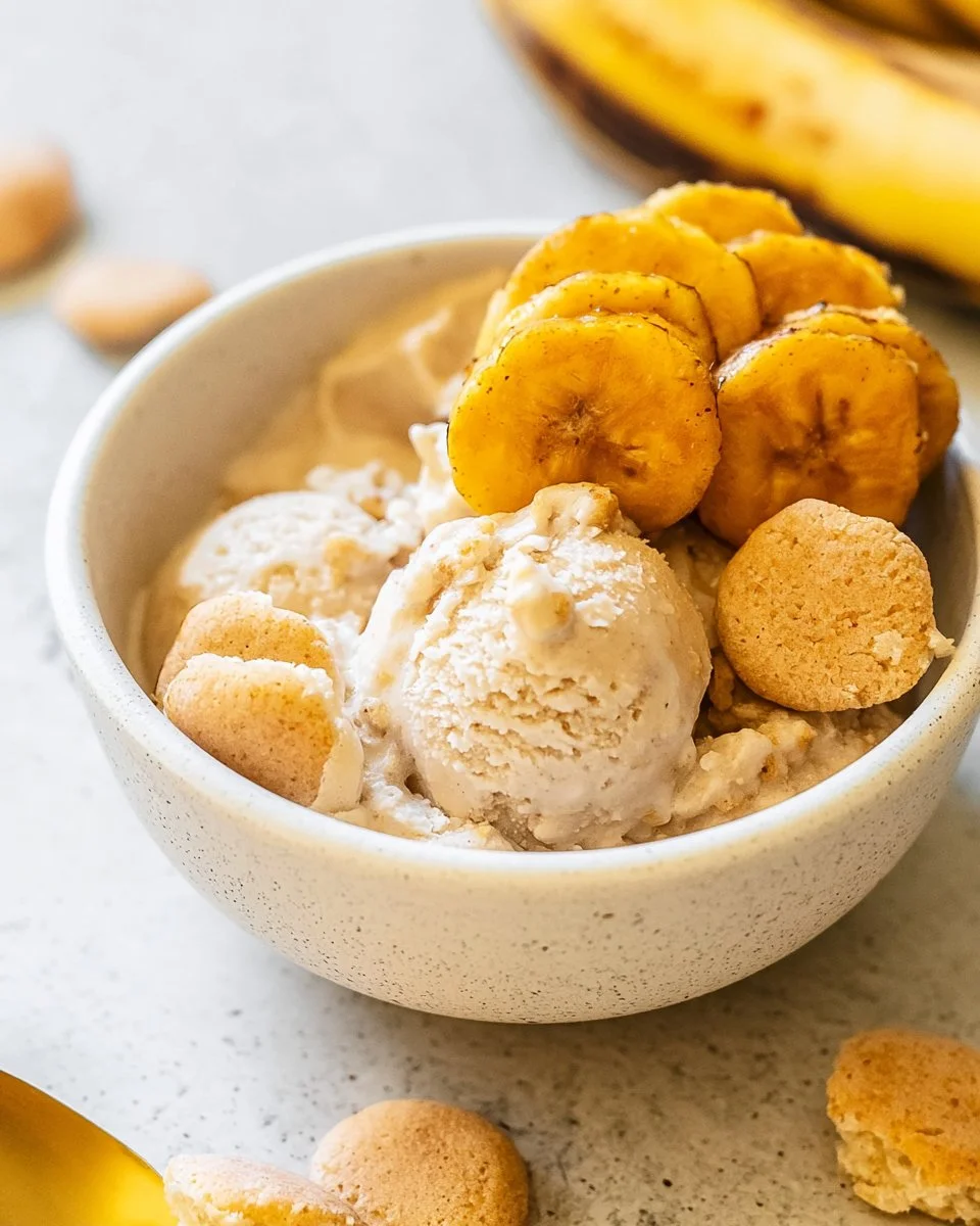 Bowl of high protein banana pudding ice cream topped with banana slices.