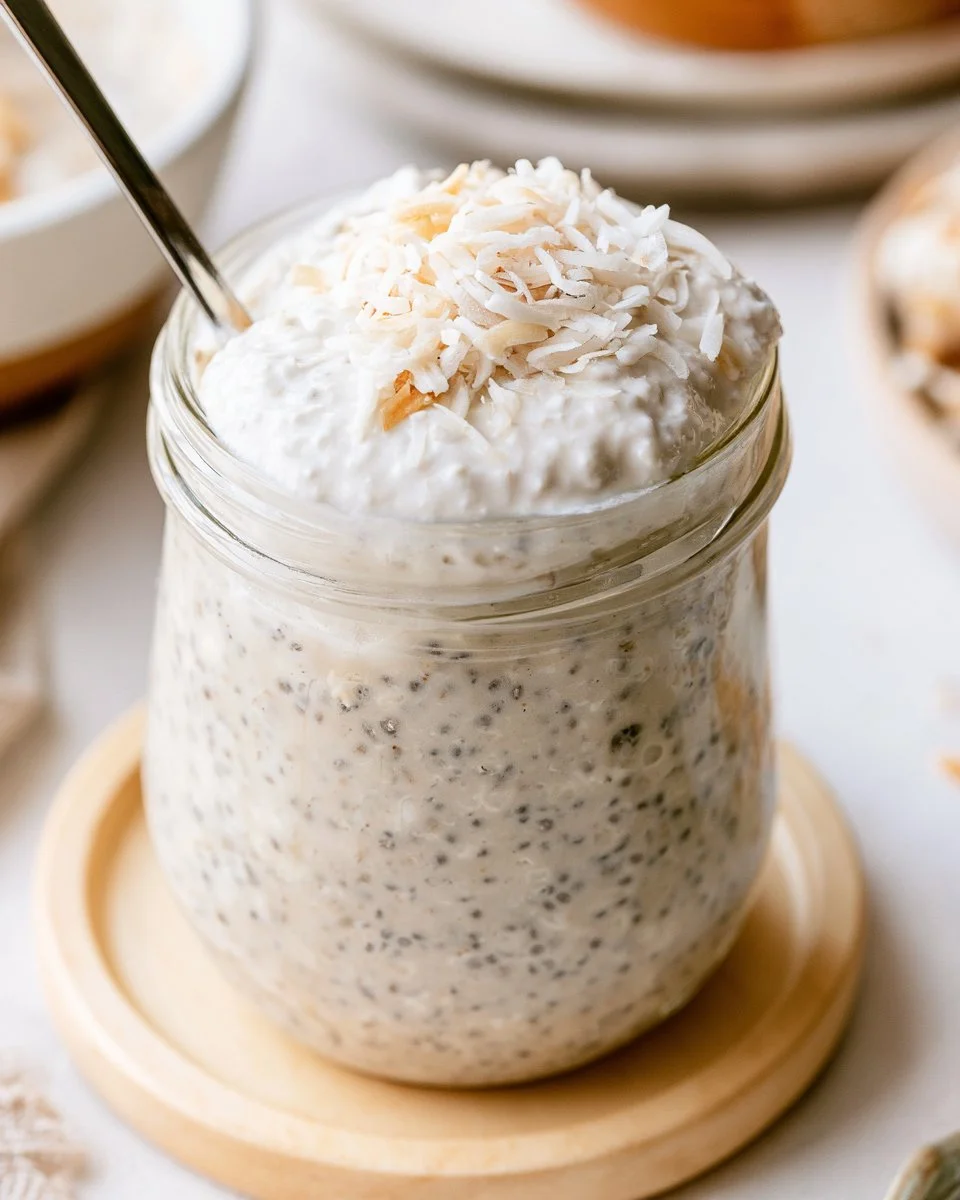 High-Protein Coconut Cream Pie Overnight Oats in a glass jar topped with coconut flakes