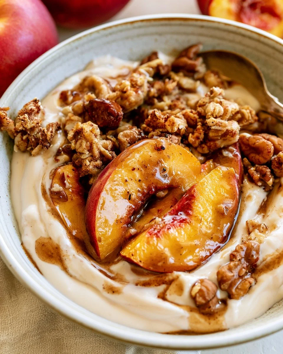 High-protein peach crisp yogurt bowl topped with fresh peaches and granola