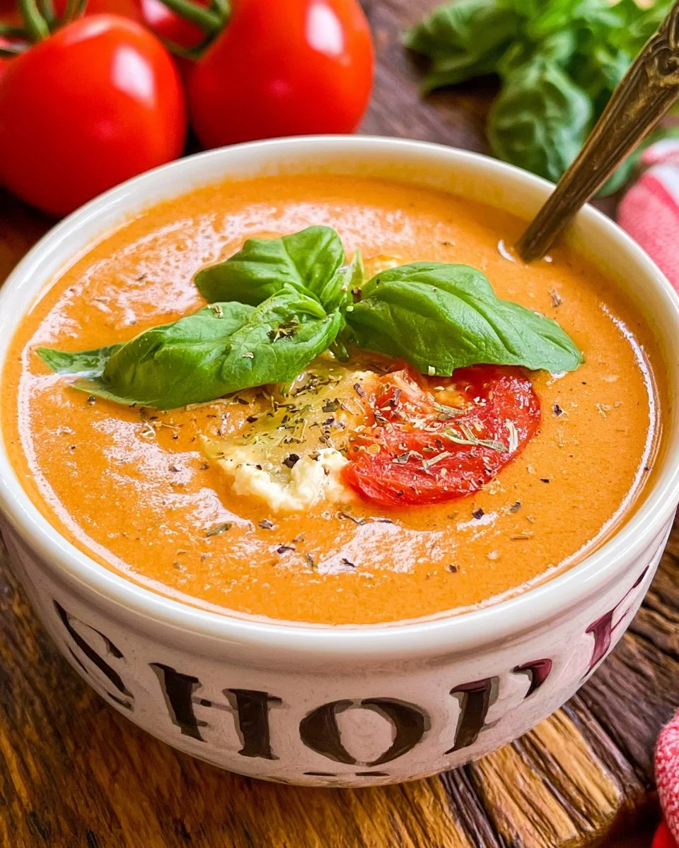 High protein roasted tomato soup with cottage cheese and chicken in a bowl.