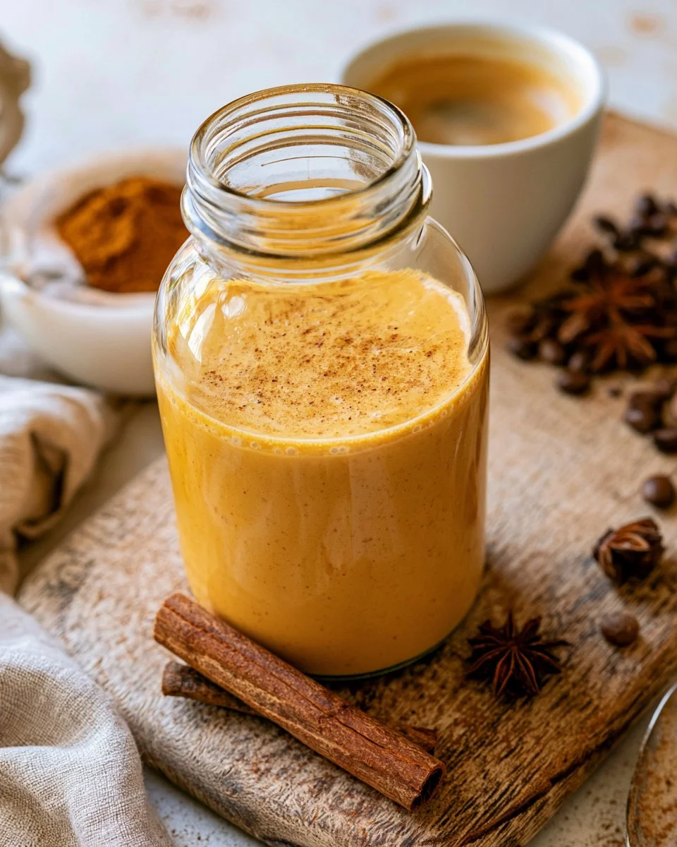 Homemade pumpkin spice creamer in a glass jar with spices on the side.