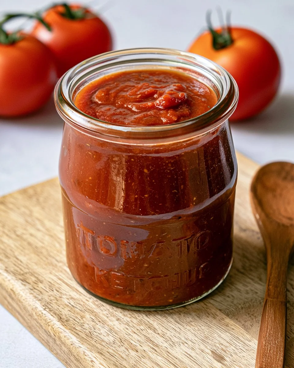 Bowl of homemade tomato ketchup with fresh tomatoes and spices