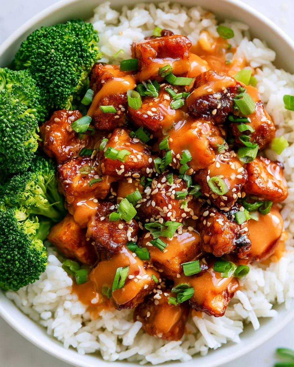 Plate of honey garlic tofu garnished with green onions