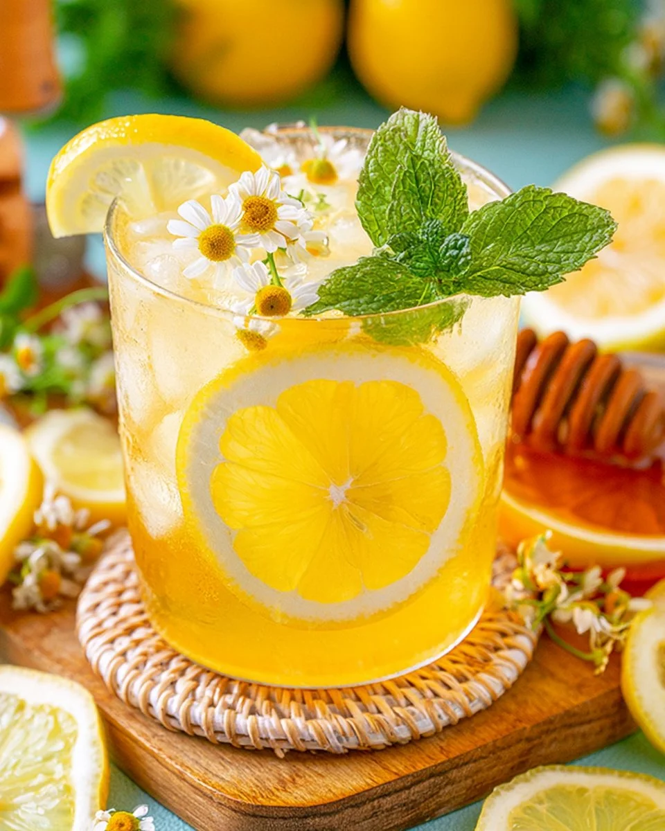 Refreshing glass of honey lemonade with lemon slices and mint leaves.