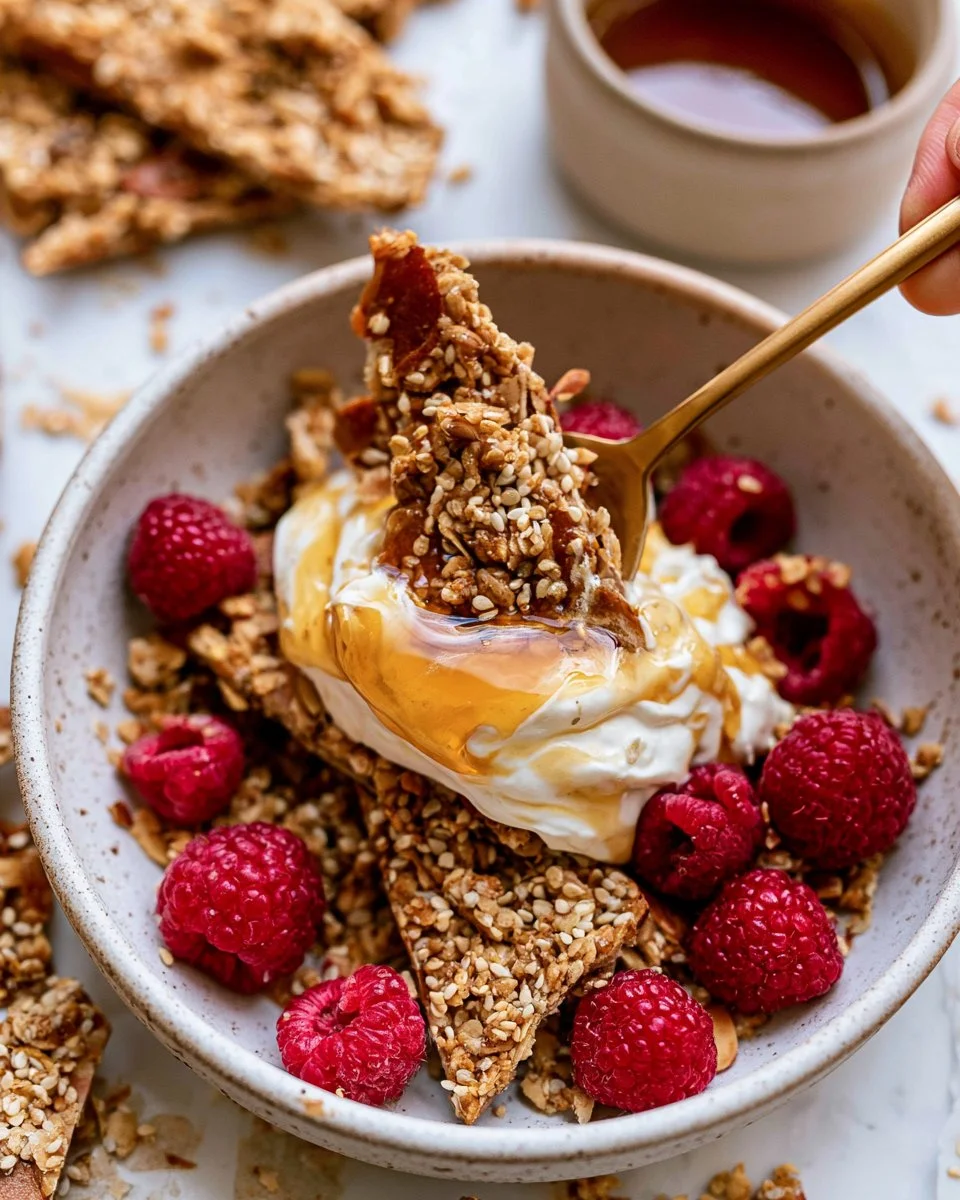 Honey Sesame Granola Bark with nuts and seeds on a wooden surface