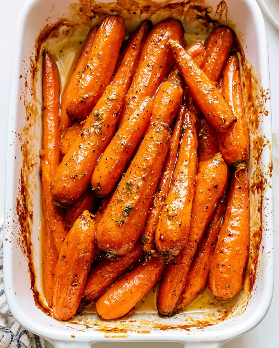 Hot honey roasted carrots on a plate, garnished for a delicious side dish.