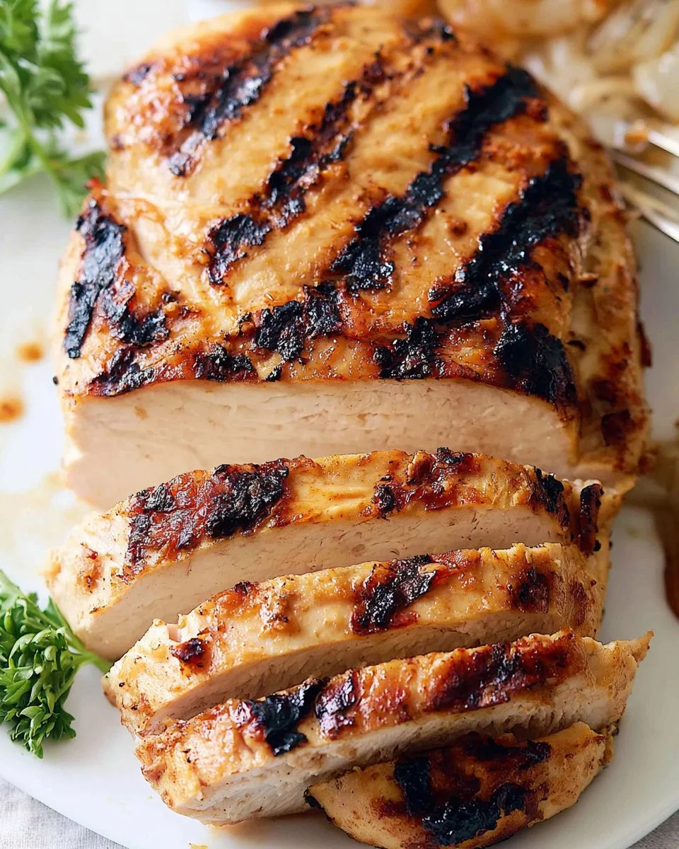 Juicy grilled chicken breast garnished with herbs, perfect for healthy meals.