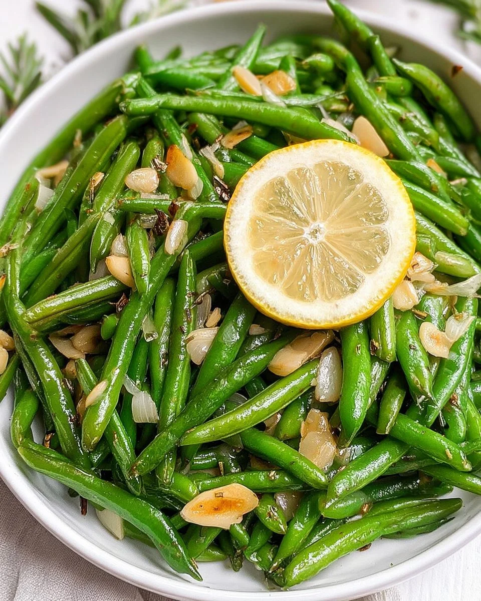 Lemony sautéed green beans in a bowl, a healthy clean eating side dish