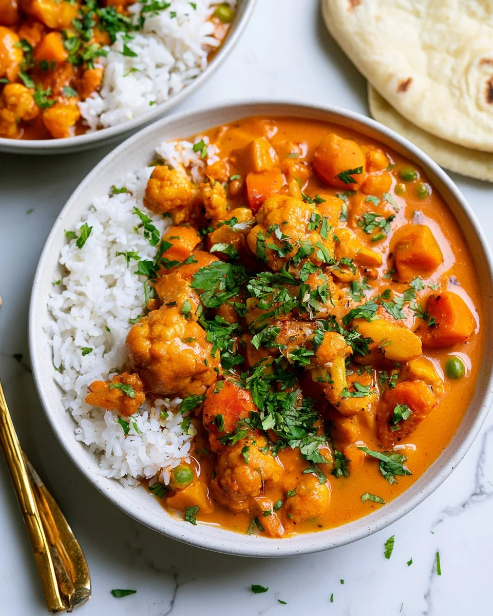 Plate of Loaded Veggie Tikka Masala garnished with herbs and served in a bowl