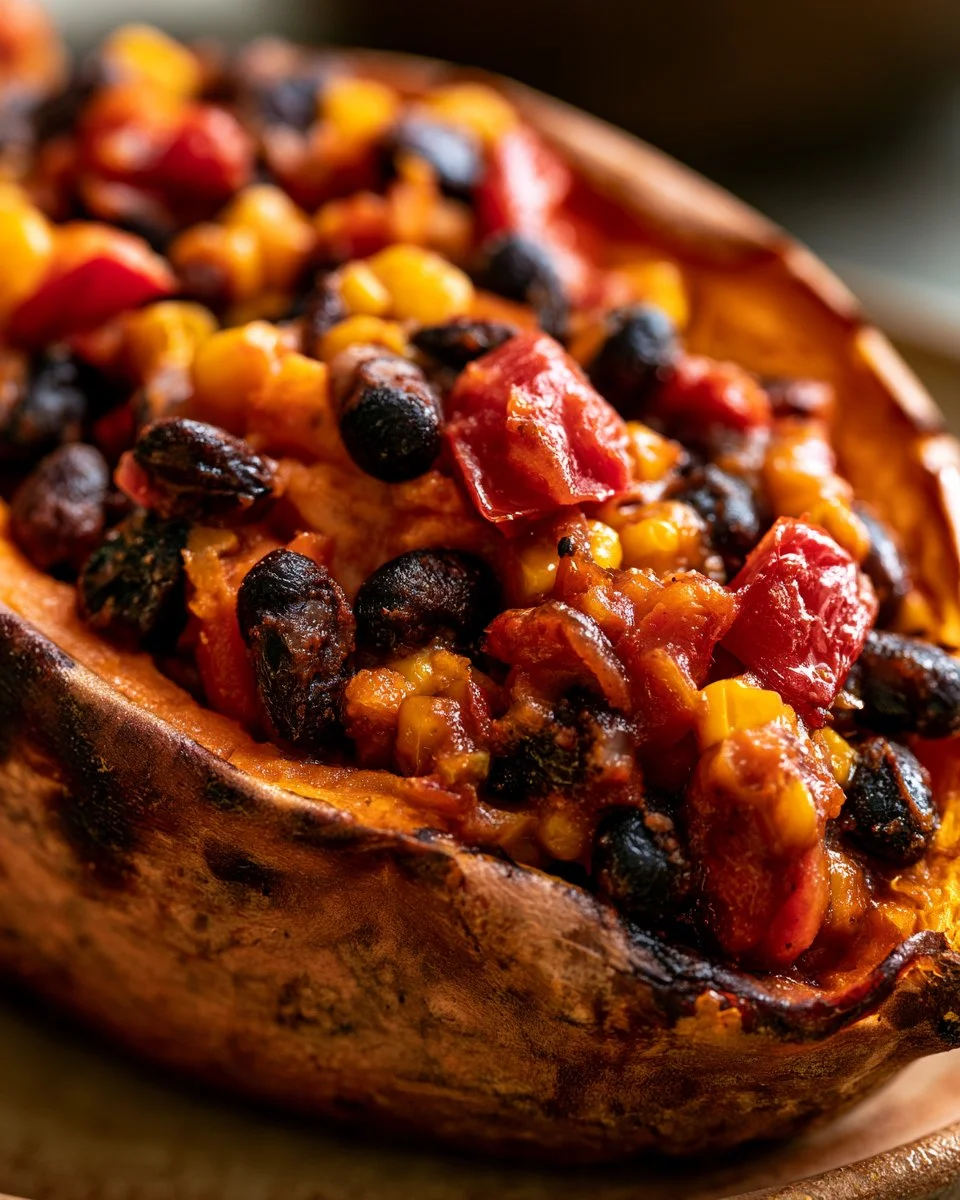 Mexican stuffed sweet potatoes topped with spices, beans, and cheese.