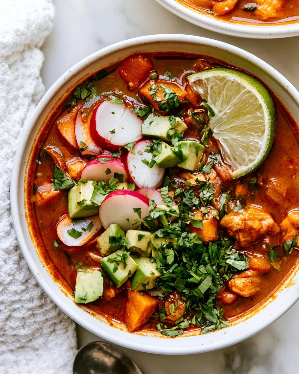 Bowl of Mexican sweet potato chicken soup garnished with cilantro