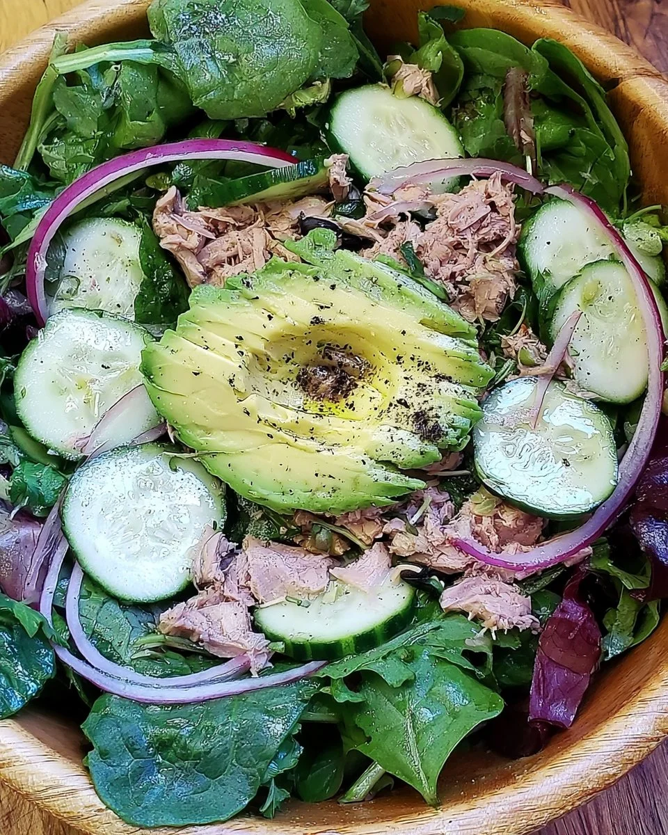 A vibrant organic spring green tuna salad with vegetables and dressing