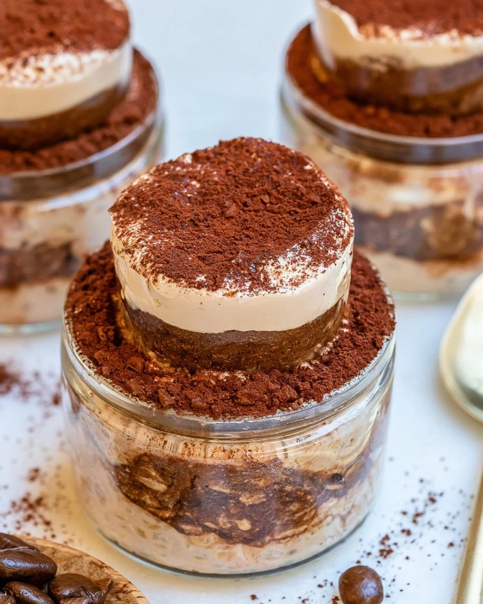A bowl of overnight tiramisu oats topped with cocoa and coffee beans.