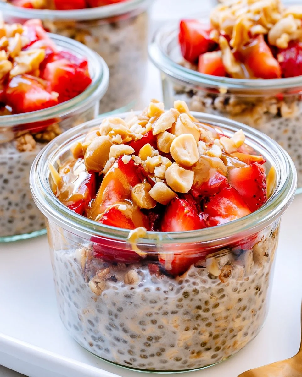 Bowl of peanut butter overnight oats topped with banana and nuts