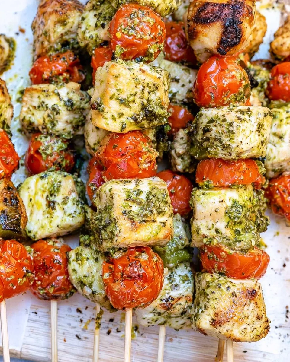 Pesto Chicken Kabobs skewers grilled with vibrant green pesto sauce