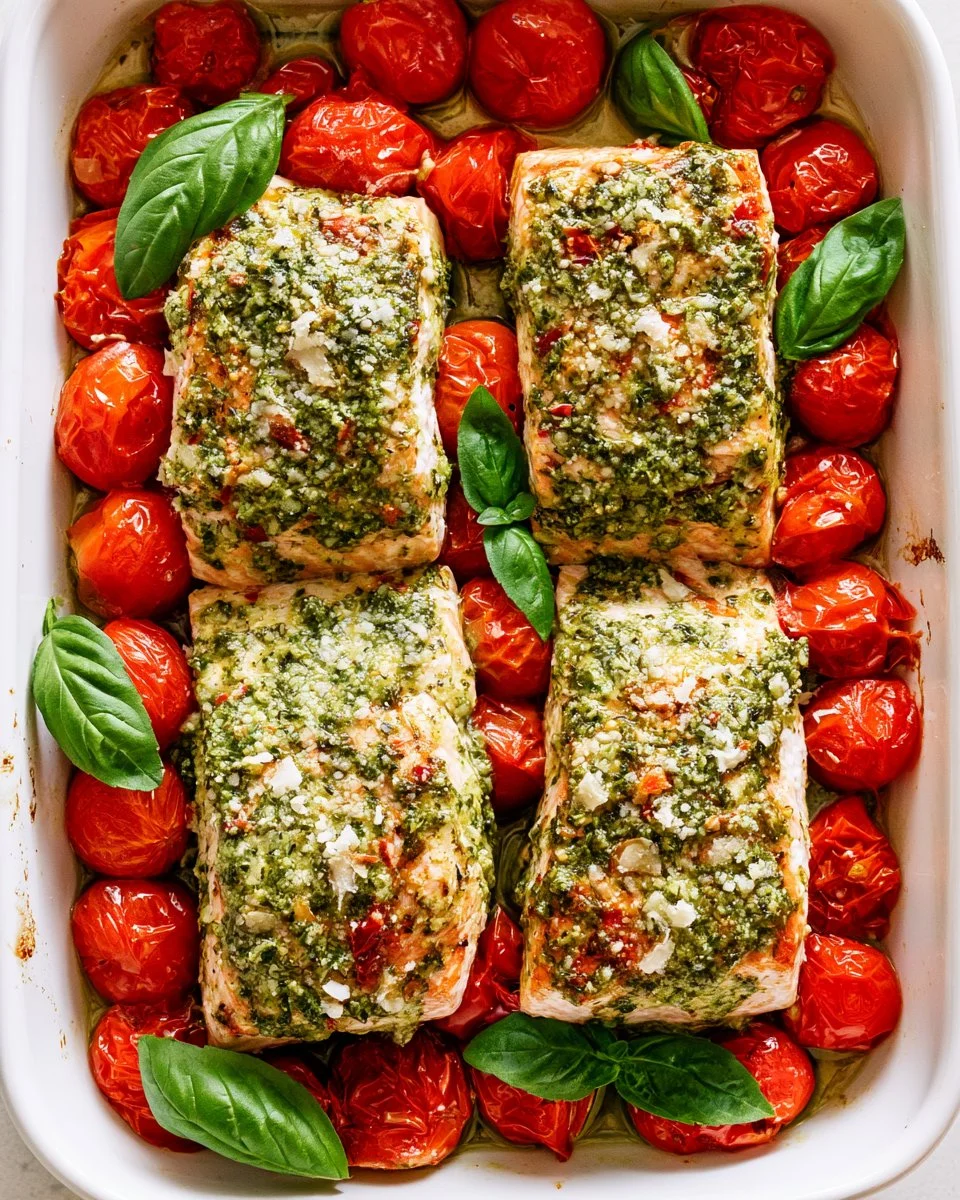 Delicious Pesto Salmon dish garnished with fresh herbs