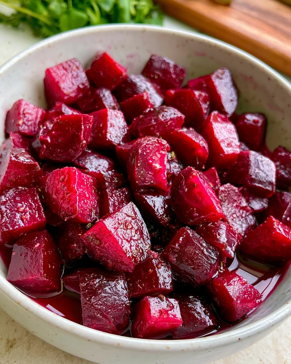 Delicious pickled beetroot bites served on a platter with garnishes