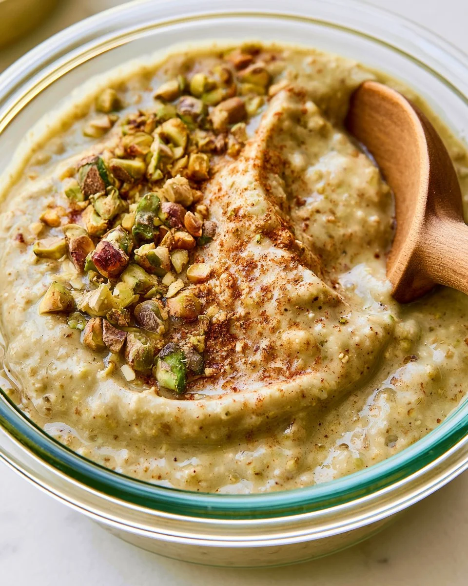 Bowl of creamy pistachio overnight oats topped with nuts and fruits