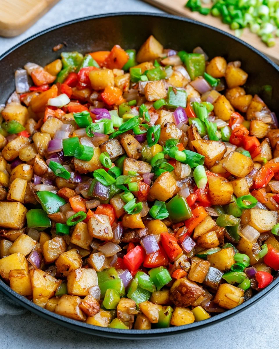 Delicious Potatoes O'Brien served in a skillet with bell peppers.