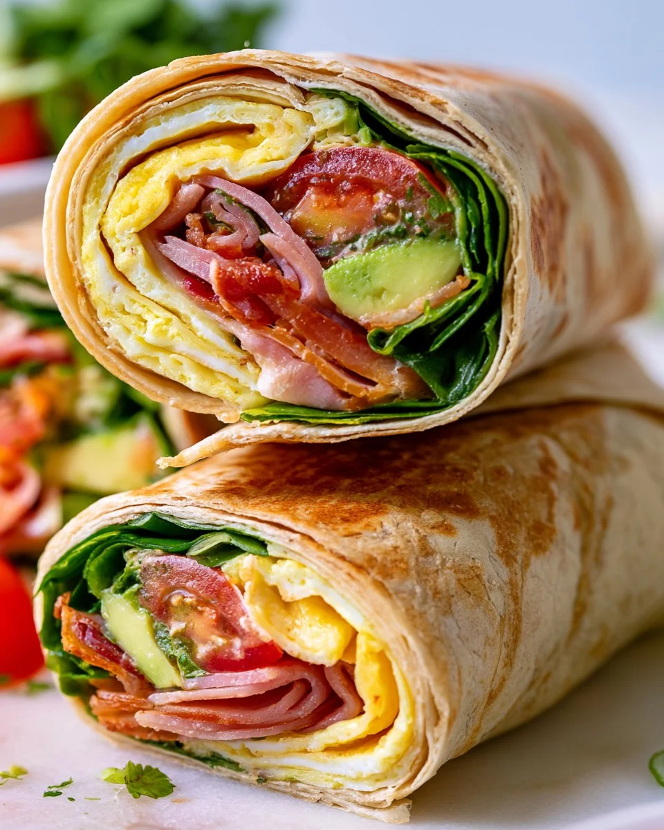 Delicious protein packed breakfast egg wrap with colorful veggies