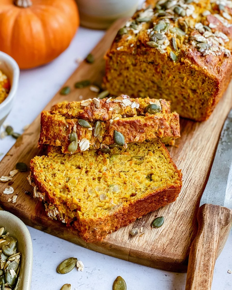 Sliced Protein Pumpkin Lentil Bread on a wooden cutting board