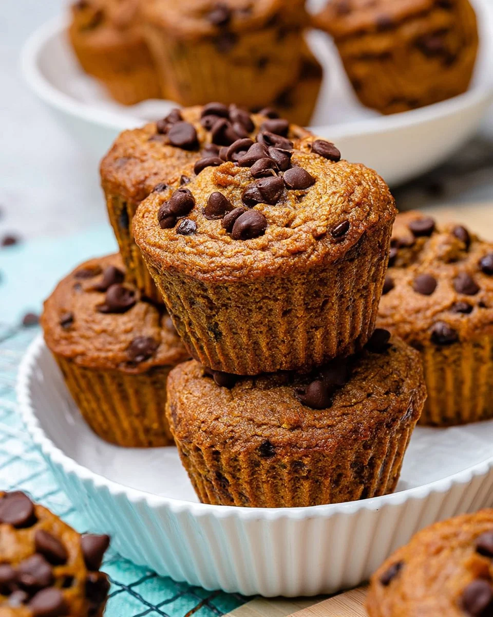 Freshly baked Pumpkin Chocolate Chip Blender Muffins on a wooden table.