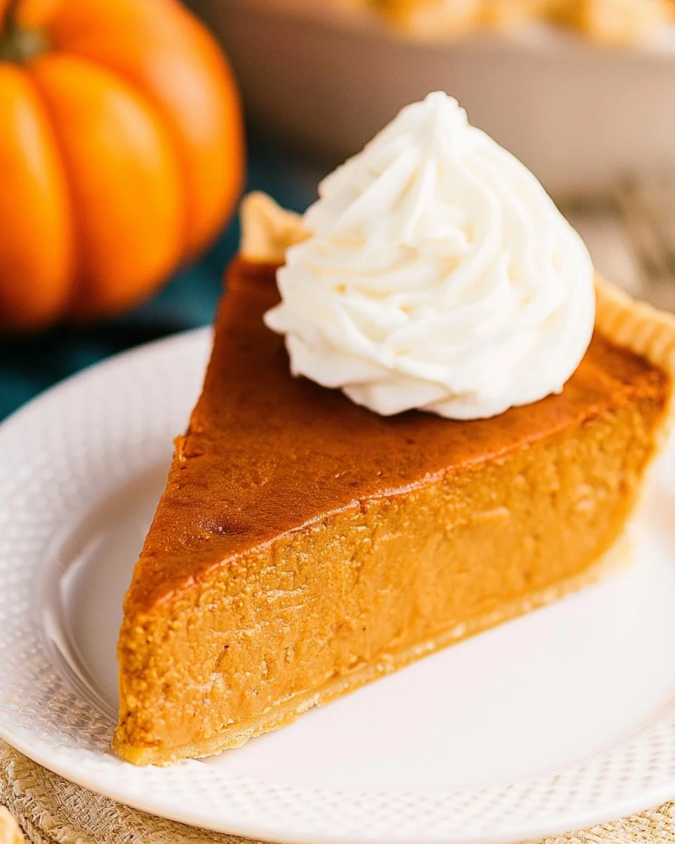 Slice of homemade pumpkin pie with whipped cream on a rustic table