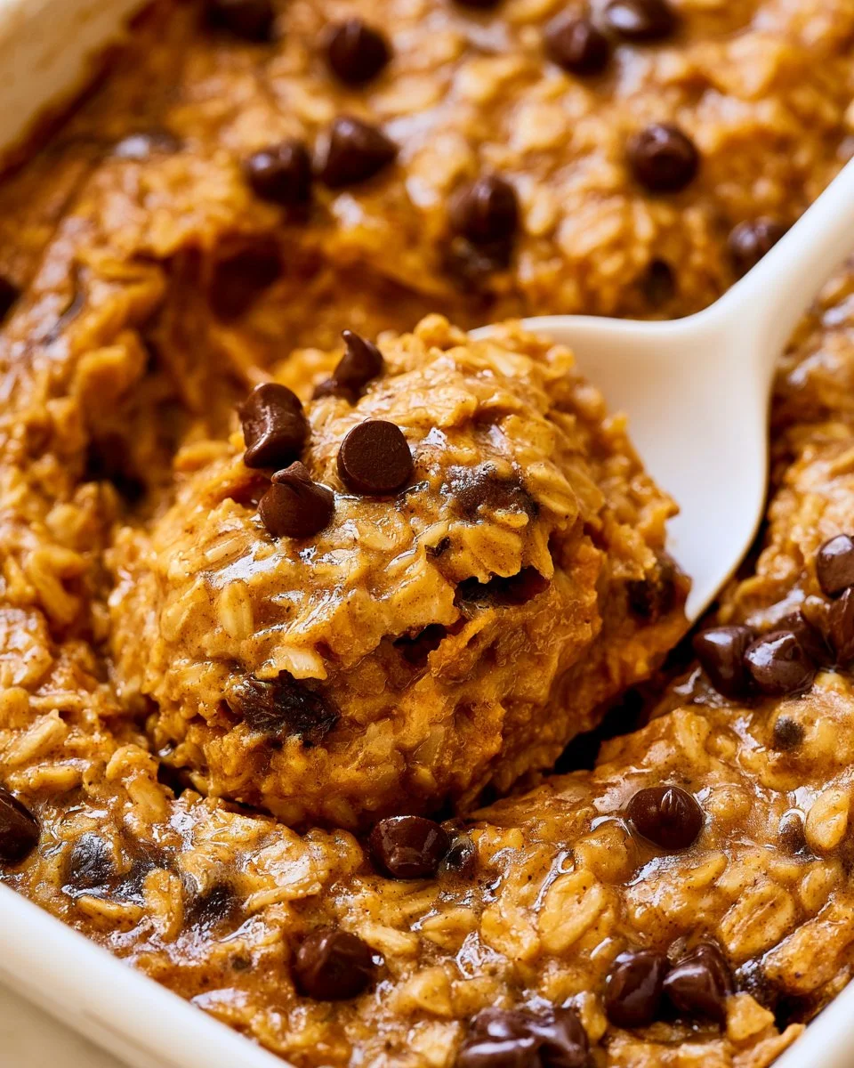 Bowl of pumpkin spice baked oats topped with nuts and pumpkin seeds
