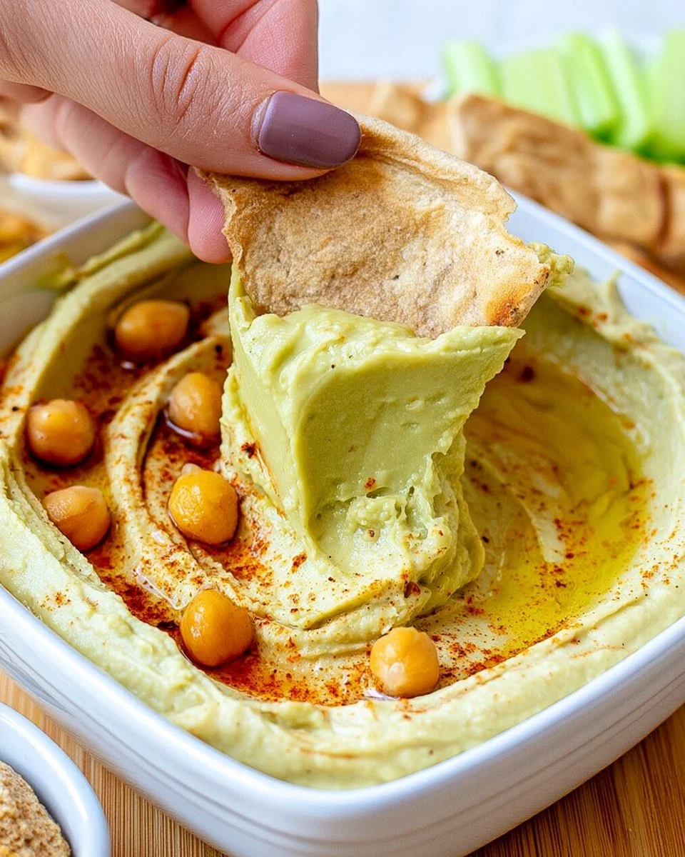 Creamy avocado hummus served with fresh vegetables and pita bread