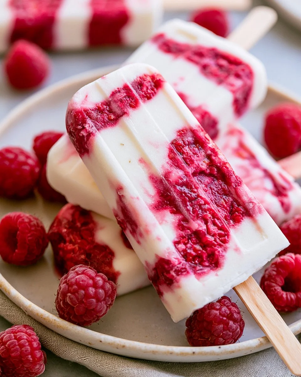 Delicious Raspberry Yogurt Layered Popsicles with fresh raspberries