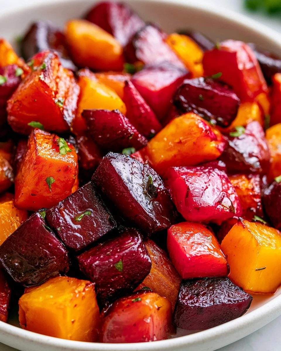 Roasted beets with butternut squash in a colorful serving dish