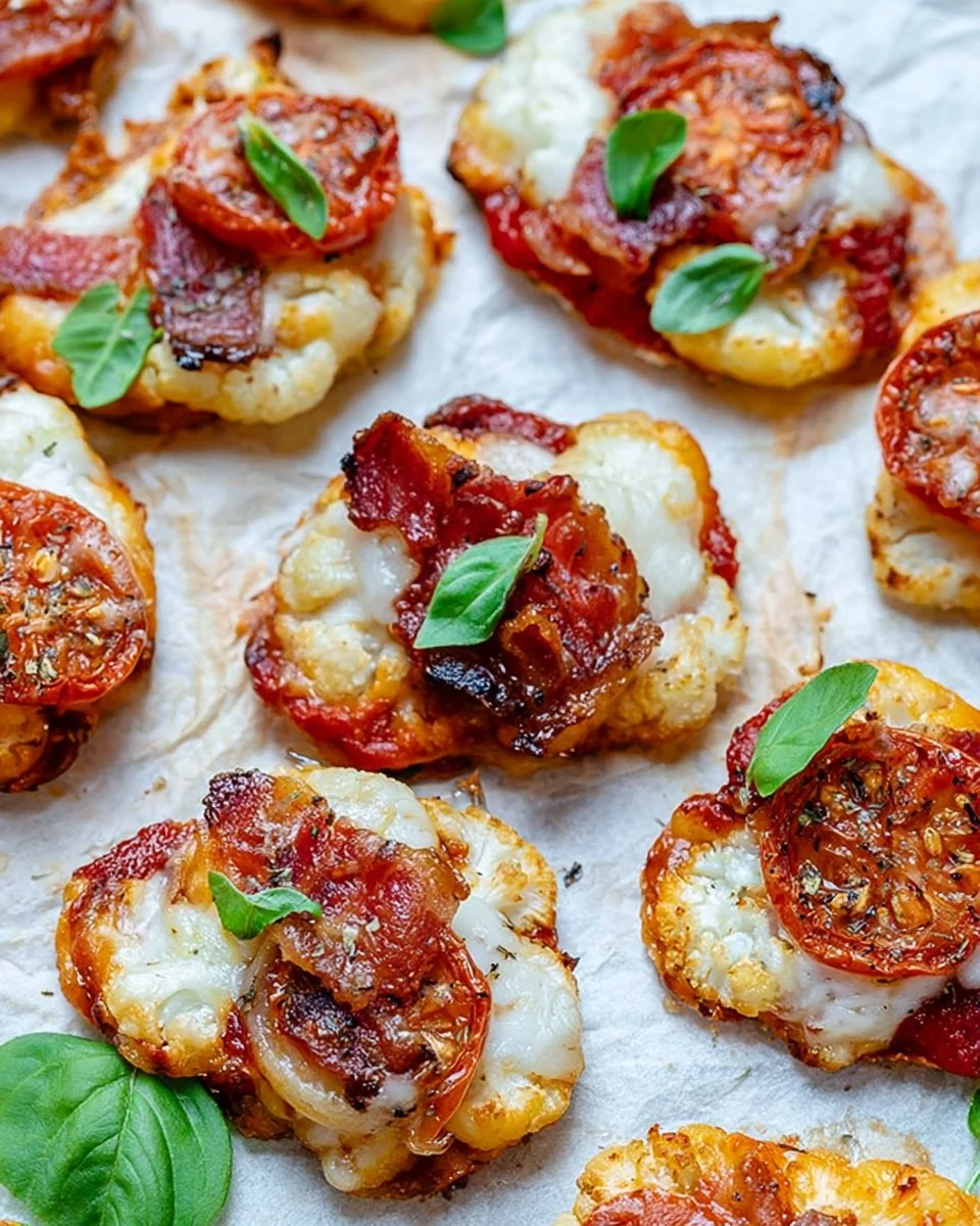 Roasted cauliflower pizza bites served on a platter, ideal for a healthy snack.