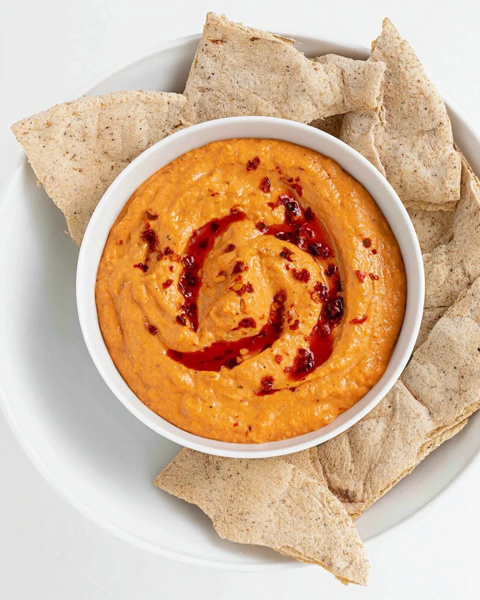 Bowl of roasted red pepper hummus served with fresh vegetables and pita bread.